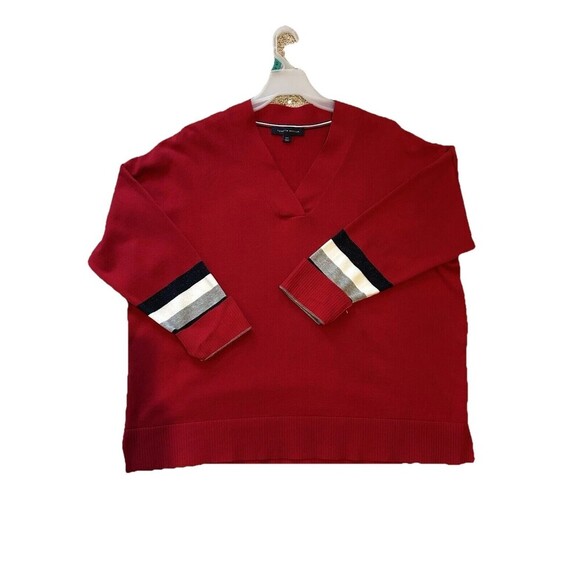 Women’s Size Large Red Tommy Hilfiger Cable-Knit V Neck Sweater Top Red. - Picture 2 of 8